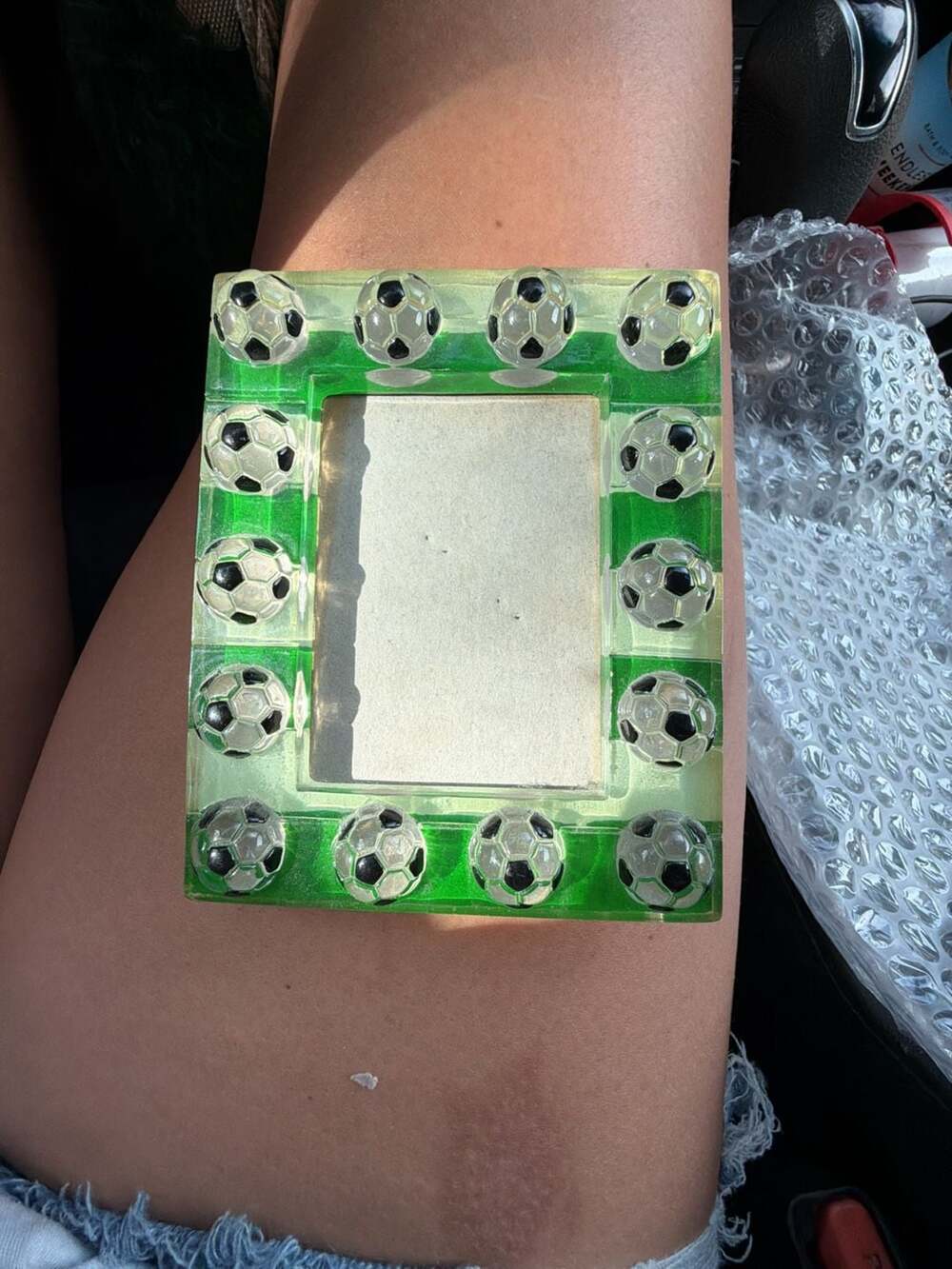 Clear Acrylic Soccer Ball Themed Picture Frame with Green Trim